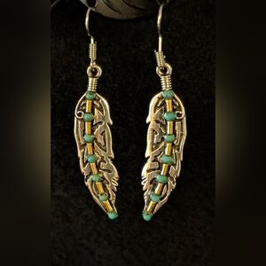 LEAF DROP EARRINGS. SOUTHWESTERN STYLE. BEADED ACCENTS. ANTIQUED.